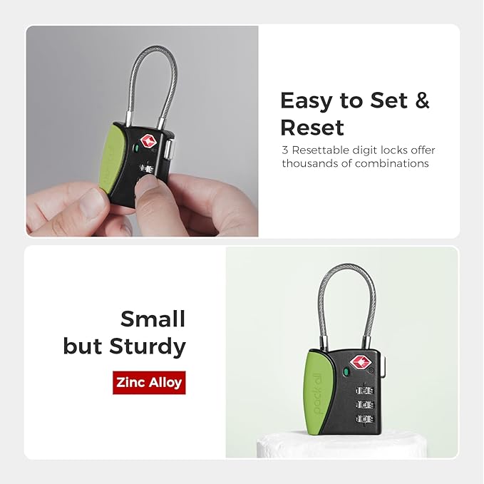 pack all TSA Approved Cable Luggage Locks, 3 Digit Combination Padlocks, Travel Lock for Suitcases & Bag, Alloy Body, Travel Accessories (1 Pack)（Apple Green）