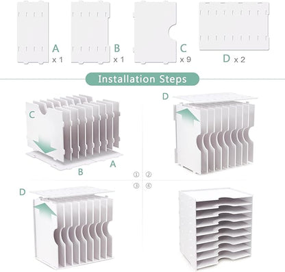 SONGWAY File Organizer for Desk - 9 Tier Wide Document Holder, Letter Mail Tray Storage Rack, File Sorter Organizer, Paper Storage Holder, Desktop Organizer for Home Office School, White