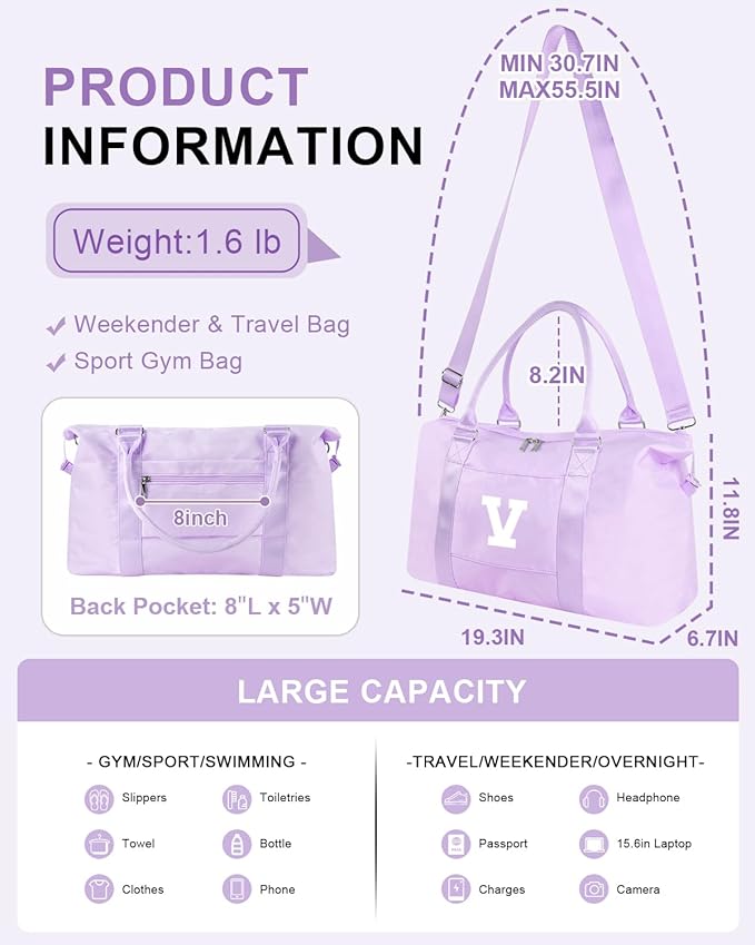 Daughter Niece Gifts for Teen Girl Kids, Initial Travel Duffel Bag Sports Gym Bag Personalized Gifts Weekender Bag，Monogram Overnight Bag Cute Dance Bag Birthday Bridesmaid Gifts for Women(Purple, V)