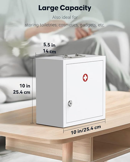 Uniclife Wall Mount Medicine Cabinet with Key Lock & Handle Locking First Aid Cabinet Lockable Medical Cabinet Medium Medicine Organizer Secure Steel Wall Cabinet Metal Storage Box, White