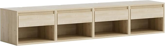 Mid Century Modern Floating Nightstand Set of 4, Wall Mounted End Table with Drawer and Open Compartment Wooden Bedside Night Stand Small Storage Cabinet for Bedroom, Light Oak