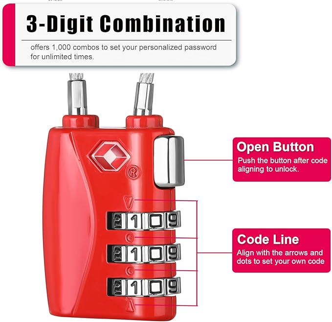 ZHEGE TSA Locks for Luggage 3 Digit Cable Padlock with Alloy Body for Suitcase, Baggage, Backpack, Pistol Case (2 Pack, Red)