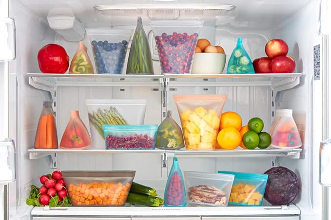 Zip Top Reusable Food Storage Bags | Full Set of 8 [Gray] | Silicone Meal Prep Container | Microwave, Dishwasher and Freezer Safe | Made in the USA