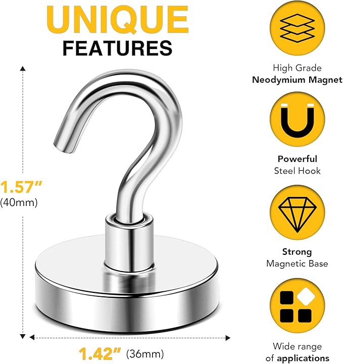 DIYMAG Strong Neodymium Magnetic Hooks, 170 Lbs Heavy Duty Rare Earth Magnets with Hook, Strong Corrosion Protection Facilitate Hook 12 Packs