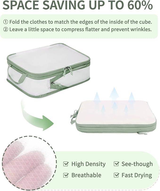 ECOHUB 6 Set Compression Packing Cubes, Lightweight Vacation Travel Essentials, Durable Travel Accessories for Suitcase Carry On Luggage Organizer Bags Set with YKK Zippers Shoe Bag, Green