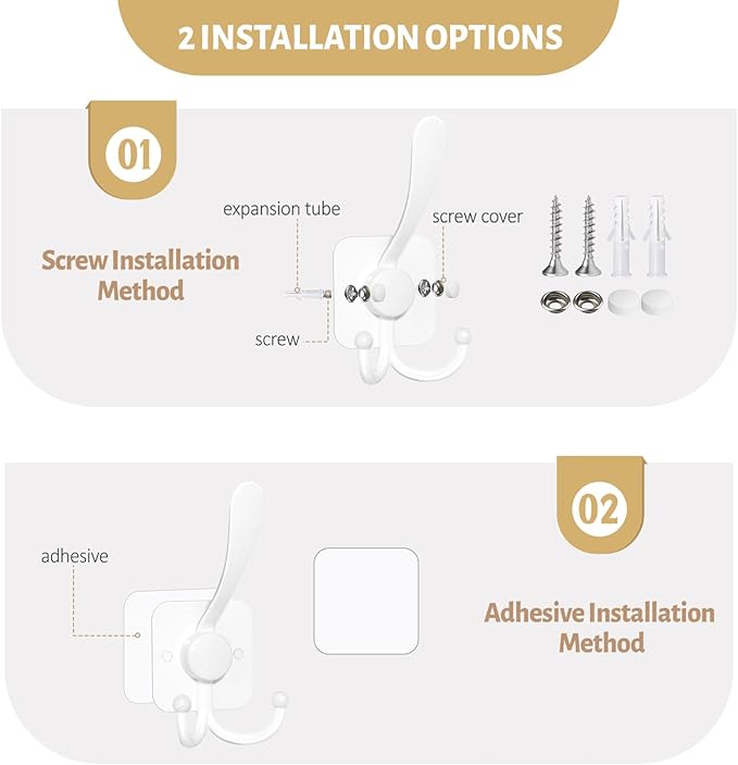 VIS'V 3 Prong Coat Hooks Wall Mount, Metal Self Adhesive Entryway Wall Hooks, 2 Mount Options, White, 4 Pcs