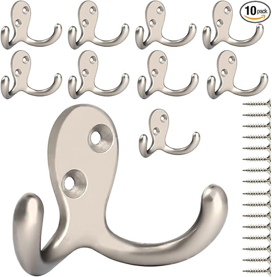 IBosins 10 Pack Heavy Duty Double Prong Coat Hooks Wall Mounted with 20 Screws Retro Double Hooks Utility Hooks for Coat, Scarf, Bag, Towel, Key, Cap, Cup, Hat