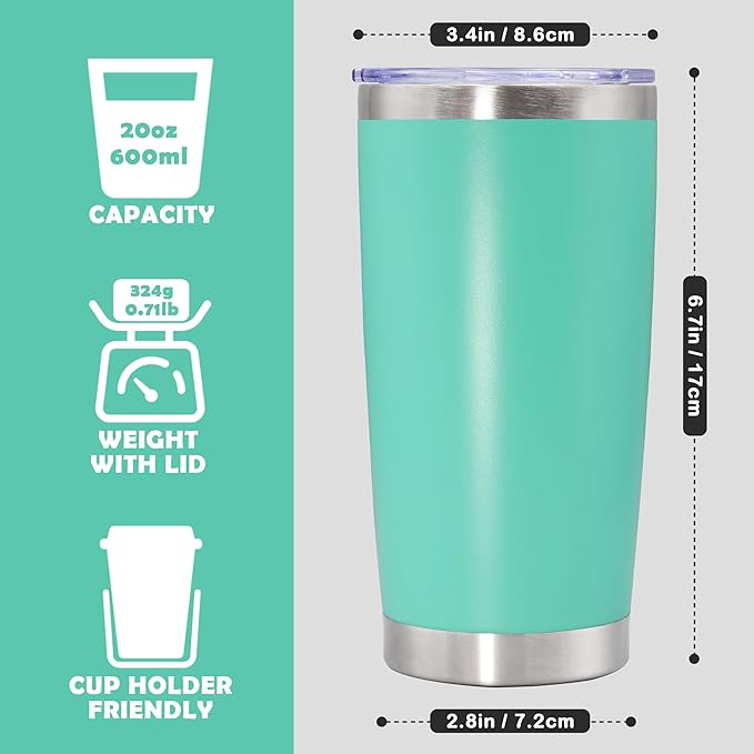 20oz Tumbler Bulk Stainless Steel Tumbler Cup with Lid Vacuum Insulated Double Wall Travel Mug, Durable Powder Coated Travel Coffee Tumbler Mug for Hot & Cold Drinks, Light Blue,8 Pack