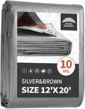 RAINDEWAY Tarps Heavy Duty Waterproof 12x20 Feet, 10Mil Multipurpose Poly Tarp Cover with Metal Grommets,Silver/Brown Tarp Finished Size,for Carport，Boats，Camping