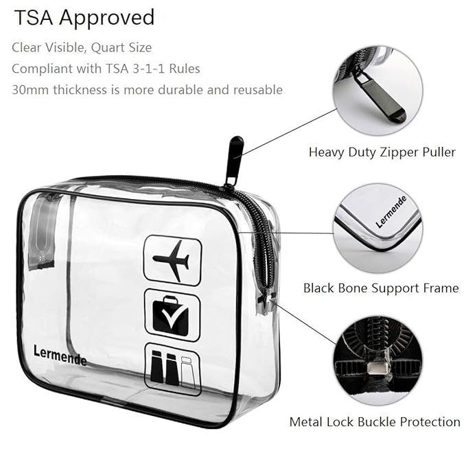 Lermende 2pcs Clear Toiletry Bag TSA Approved Travel Bag,Carry On for Travel,Airport Airline Accessories Compliant Bag,Quart Sized Makeup Cosmetic bag Women Men (Black Gray, 2 Pack)