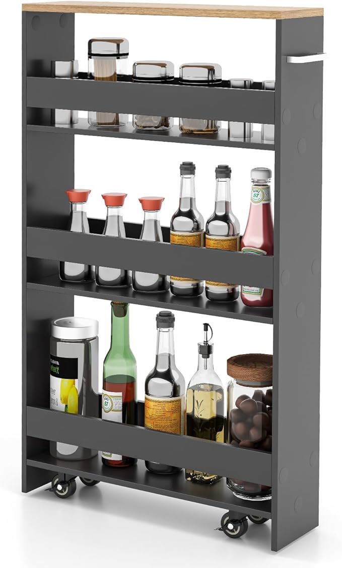 LOKO Slim Storage Cart, 4-Tier Rolling Cart with Handle & Wooden Top for Kitchen Bathroom Laundry Living Room Narrow Small Spaces, 5 Inches Width (Grey & Natural)