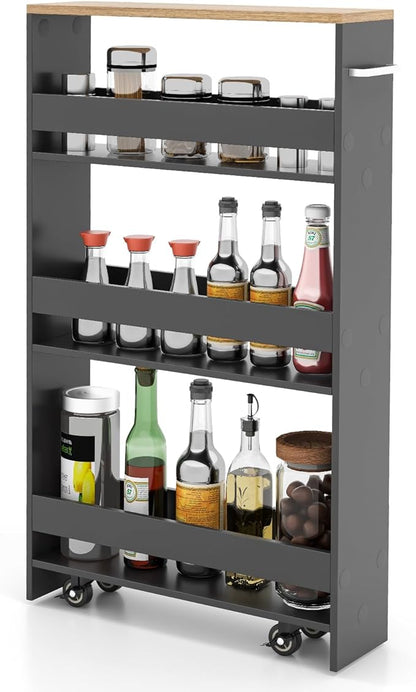 LOKO Slim Storage Cart, 4-Tier Rolling Cart with Handle & Wooden Top for Kitchen Bathroom Laundry Living Room Narrow Small Spaces, 5 Inches Width (Grey & Natural)