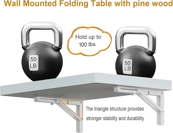 IAE Wall Mounted Folding Table with Pine Wood,24" x 14" Floating Wall Desk,Laundry Folding Table with Shelf Bracket,Fold Down Desk Shelf,Folding Workbench for Home,Dining, Laundry Room,Kitchen,White