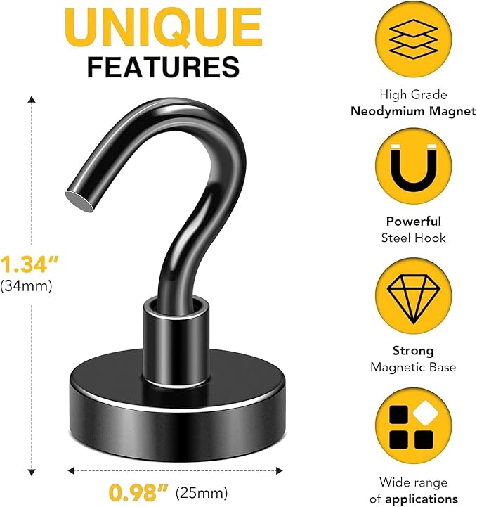 DIYMAG Magnetic Hooks Black 85 LB Heavy Duty Strong Magnet with Hook Rare Earth Neodymium Magnets for Hanging Magnetics Hanger for Curtain Home Kitchen Workplace 12 Packs