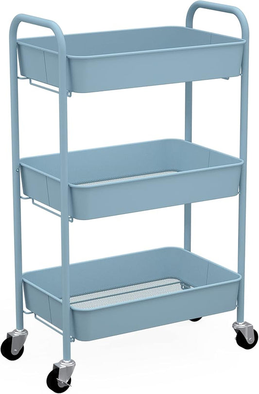 CAXXA 3-Tier Rolling Metal Storage Organizer - Mobile Utility Cart with Caster Wheels, Blue