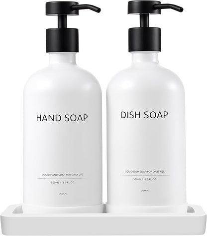 Glass Kitchen Soap Dispenser Set with Ceramic Tray,16.9 floz Hand and Dish Soap Dispenser for Kitchen and Bathroom Decor (White Bottles + Black Pumps)