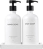 Glass Kitchen Soap Dispenser Set with Ceramic Tray,16.9 floz Hand and Dish Soap Dispenser for Kitchen and Bathroom Decor (White Bottles + Black Pumps)