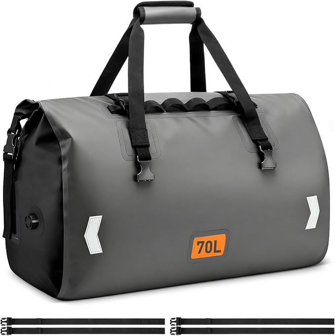 Waterproof Duffel Bag, 70L Roll-top Motorcycle Dry Bag with Air Valve & Quick-fixed Straps, Travel Duffle Bags for Kayaking Paddle Boarding Rafting Boating Camping Riding Fishing - Grey