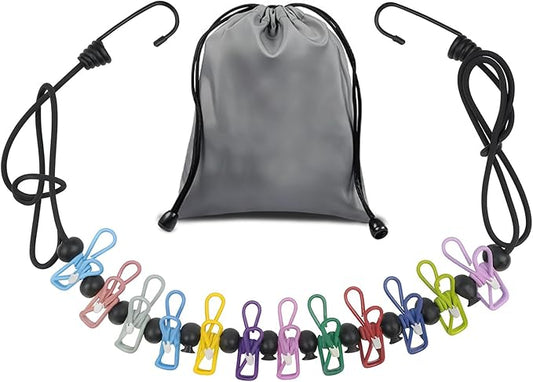 Travel Clothesline Retractable Portable Clothesline with 12 Clips Portable Elastic Camping Clothes Line with Anti-Slip Beads & Stainless Hooks for Hotel, RV, Boat, Outdoor Use (1 Pack)