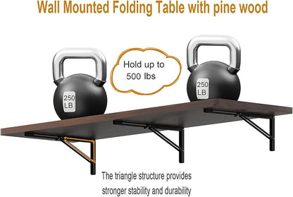 IAE Floating Wall Mounted Folding Table Desk with Pine Wood,55" x 22" Folding Workbench,Fold Down Wall Mounted Foldable Desk with Shelf Brackets,Laundry Table for Home,Dining,Office,Kitchen,Brown