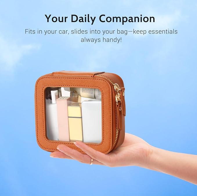 Aveniee Mini Clear Makeup Bag, Small Cosmetic Bags Travel Toiletry Pouch Organizer, TSA Approved Make up Case with Zipper, Car Bag for Essentials,Brown