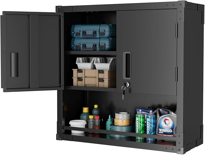 VINGLI Garage Wall Cabinet with Locking Doors and Adjustable Shelf, Metal Wall Cabinet, Floating Upper Storage Cabinet (Black, 30''W x 12''D x 30''H)