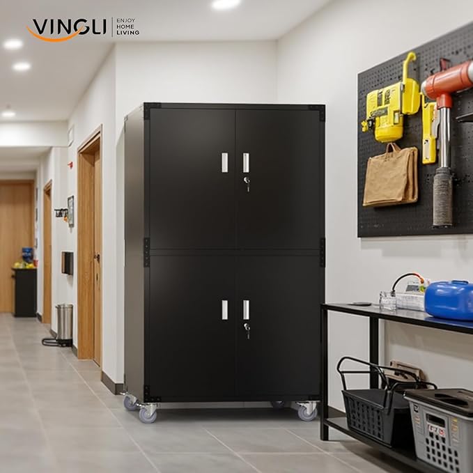 VINGLI Large Garage Storage Cabinet with 4 Doors, Upgraded Height & Wide & Deep, 43''W x 23''D x 75''H, Oversized Metal Storage Cabinet with Pegboards Wheels Locks and Adjustable Shelves (Black)