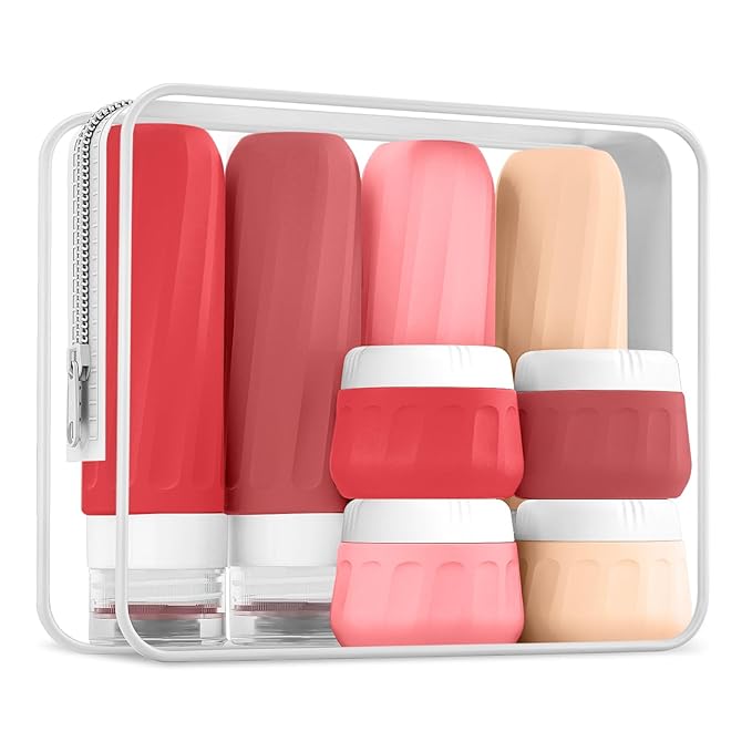 Travel Bottles for Toiletries 8 Pack, Travel Size Toiletries, Tsa Approved Travel Size Containers 3oz, with Travel Essentials Clear Bag, Leak Proof Silicone Squeezable Creams Jars