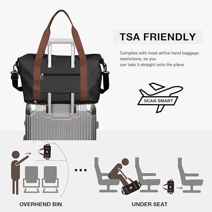 Travel Duffel Bag, Sports Tote Gym Bag, Shoulder Weekender Overnight Bag for Women