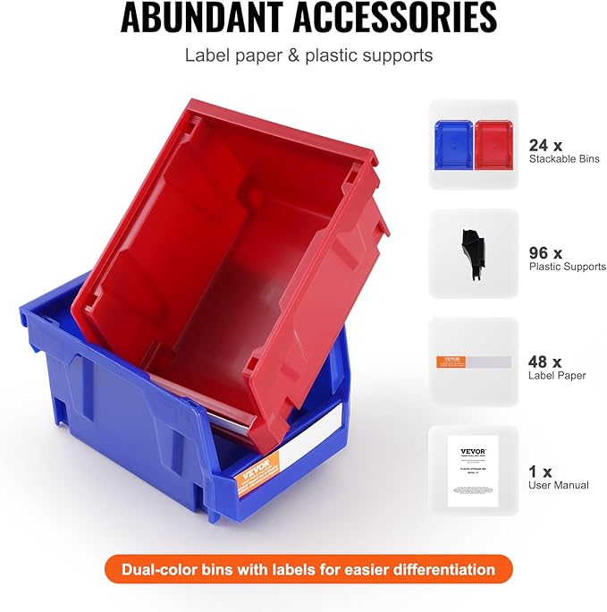 VEVOR Plastic Stackable Storage Bins 24 Pack (5 x 4 x 3-Inch), Hanging Stackable Storage Organizer Bins, Heavy Duty Stacking Containers for Closet, Garage, Office, or Small Parts Organization