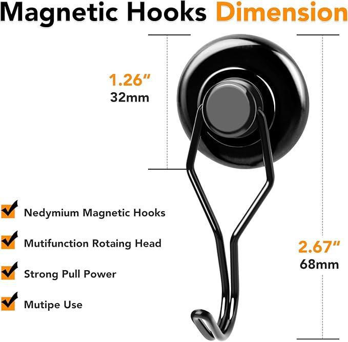 MIKEDE 120 LBS Black Magnetic Hooks, 6 Pack Swivel Swing Magnet Hooks Heavy Duty, Strong Neodymium Magnets Hanger for Hanging, Grill, Cruise Cabins - 32mm(1.26in) in Diameter
