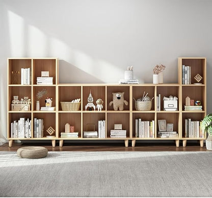 IOTXY Open Cube Low Bookcase - 3-Tier Freestanding Storage Display Cabinet Organizer with Legs for Home Office, 9-Cubes Open Shelf Short Bookshelf, Oak