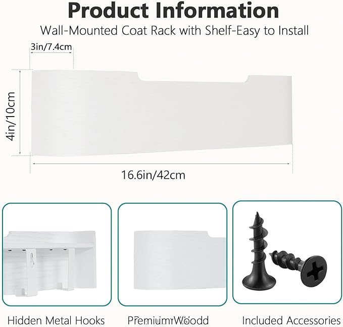 Coat Rack Wall Mount with Hidden Hooks Modern Key Holder Wood Entryway Hook with Shelf for Bedroom Kitchen Hallway Bathroom Designed for Hanging Coats Hats Bags Towels Dog Leashe(White,4 Hooks)