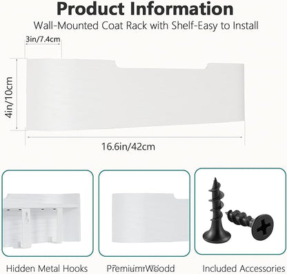 Coat Rack Wall Mount with Hidden Hooks Modern Key Holder Wood Entryway Hook with Shelf for Bedroom Kitchen Hallway Bathroom Designed for Hanging Coats Hats Bags Towels Dog Leashe(White,4 Hooks)