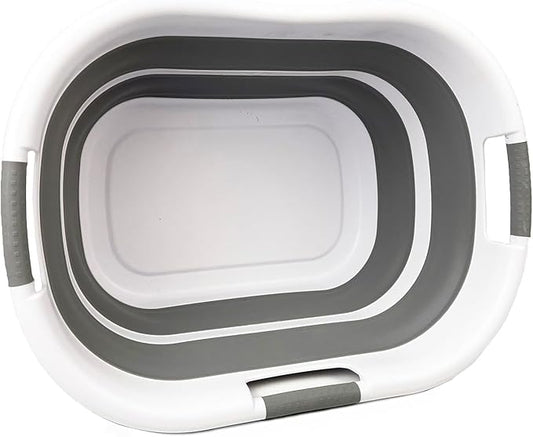 SAMMART 30L (7.9 gallon) Collapsible Plastic Laundry Basket - Foldable Pop Up Storage Container/Organizer - Portable Washing Tub - Space Saving Hamper/Basket (1, White/Grey)