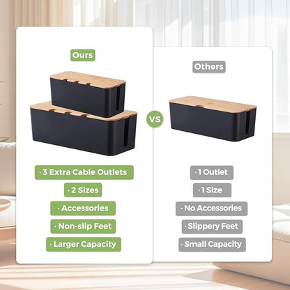 Cord Organizer Box Black 2 Pack, Wooden Cable Management Box with Cable Clip Holders and Reusable Cable Ties, Cord Management Box Cable Organizer Box with Bamboo Lid for Power Strip Extension Cord