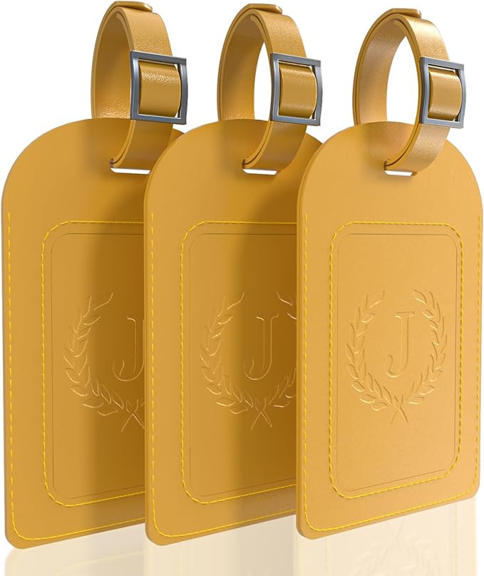 FESAS 3 Pack A-Z Alphabet Luggage Tags - Faux Leather Suitcase Tags with Privacy Cover & Replaceable Card - Initial Letter Monogram for Bags (Yellow)