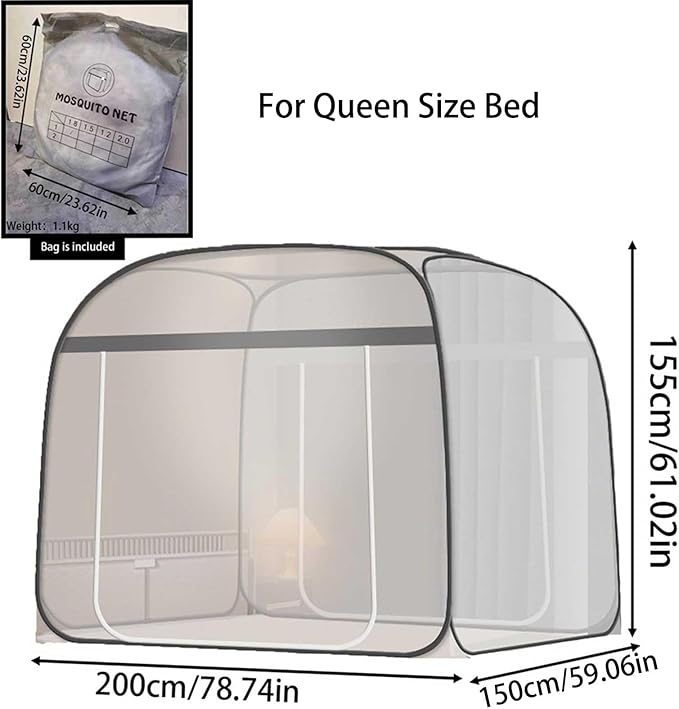 Pop-Up Mosquito Net Tent for Beds Portable Folding Canopy with Net Bottom, Fits Twin to King Size 79x71x59inch, Easy Install Wash for Baby Adults, Indoor Outdoor Use (Gray-Queen Bed)