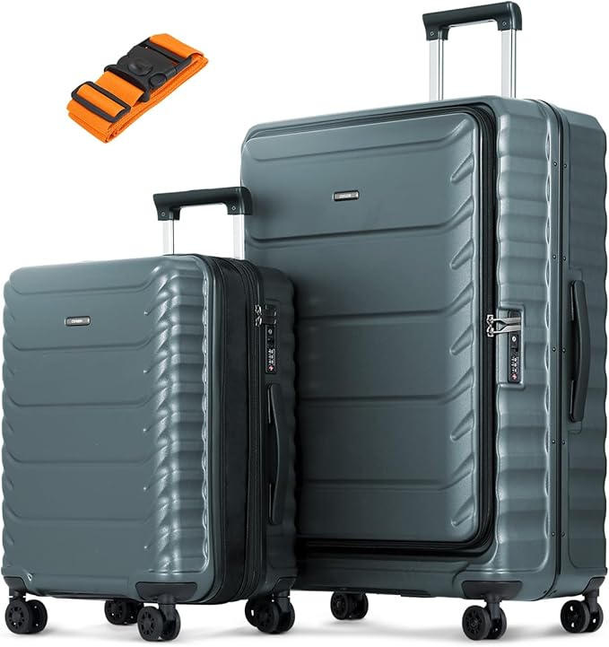 Luggage Sets 2 Pieces, 20/28 Inch PC Hardshell Suitcase with Spinner Wheels, 20 Inch Expandable Clamshell Carry On Luggage and 28 Inch Aluminum Frame Top Opening Checked Luggage (Dark Green)