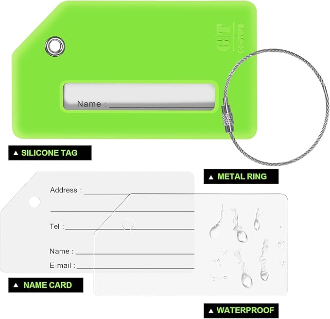 8 Pcs Luggage Tags for Suitcases, 26 Initial Letter Travel Luggage Baggage Identification Labels ID Tags Fully Bendable Tags with Stainless Steel Loop (Letter H, Green)