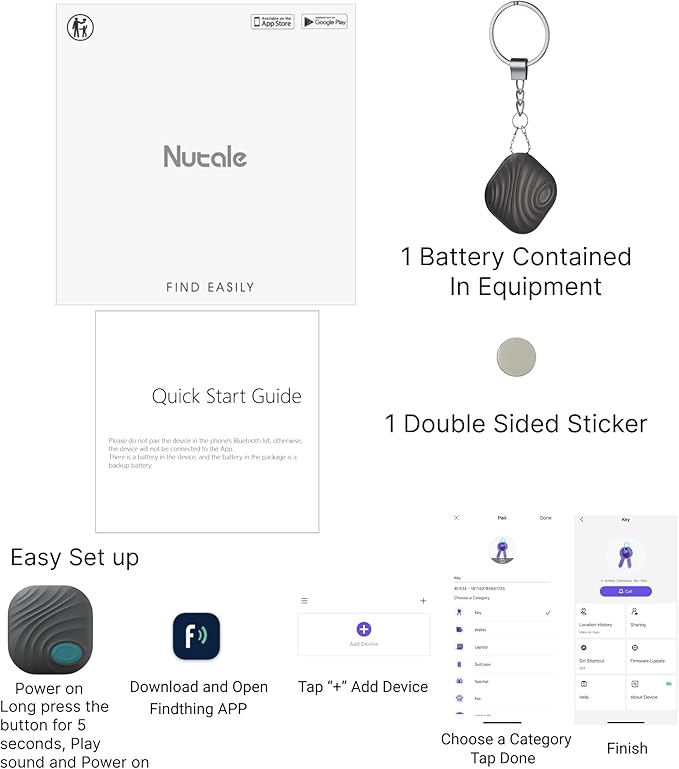 Key Finder - 1PCS Bluetooth Tracker Item Locator with Key Chain for Keys Pet Wallets or Backpacks and Tablets, Batteries Include