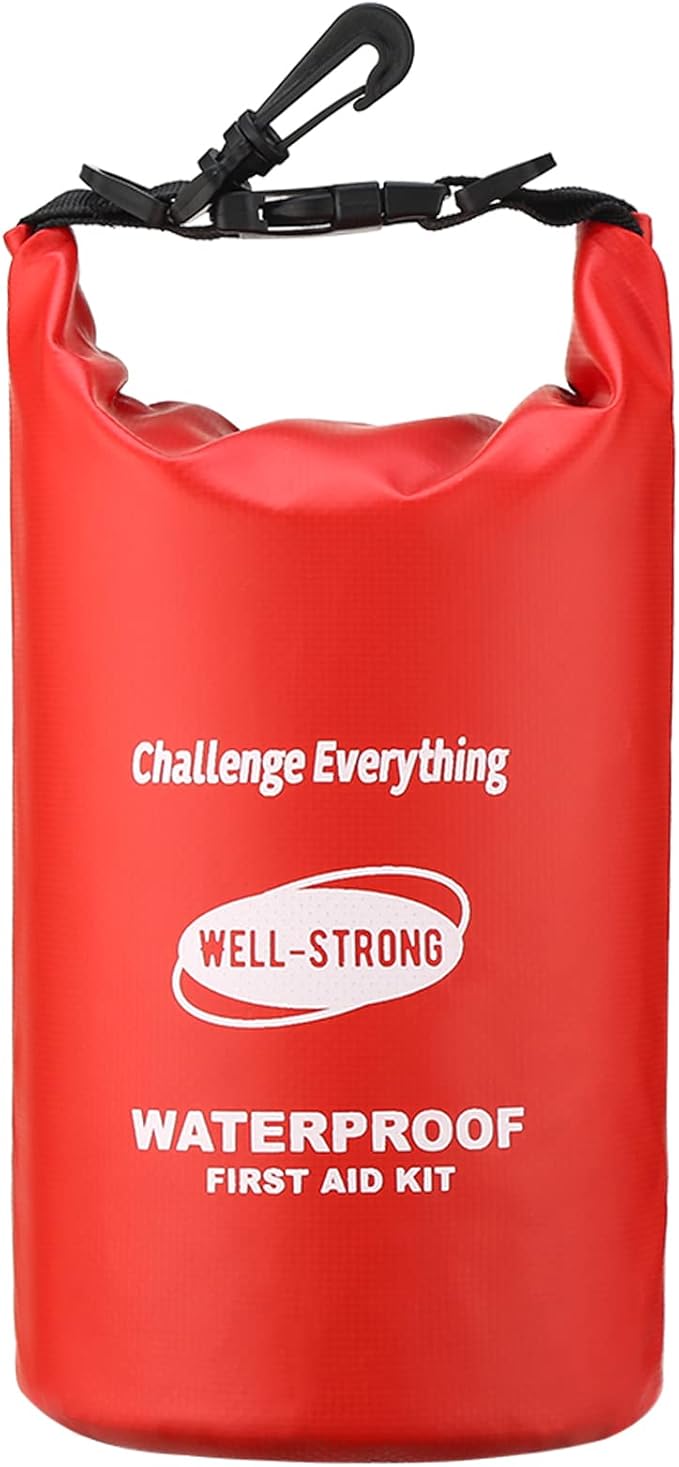 Emergency First Aid Kit for Boating & Marine Safety Waterproof Medical Supplies with Roll Top Design for Fishing, Kayaking Red