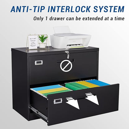 Lateral File Cabinet with Lock, 2 Drawer Large Metal Filing Cabinet,Home Office Lockable Storage Cabinet for Hanging Files Letter/Legal/F4/A4 Size-Assembly Required