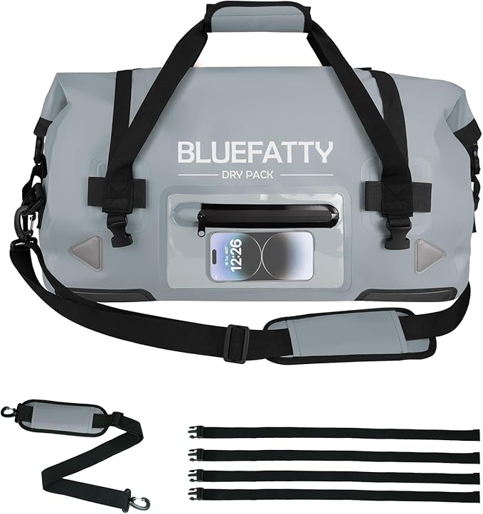Waterproof Motorcycle Duffel Bag Roll Top Dry Duffel Bag with Quick-fixed Straps for Rafting, Boating, Kayaking, Travel, 50L(Grey)