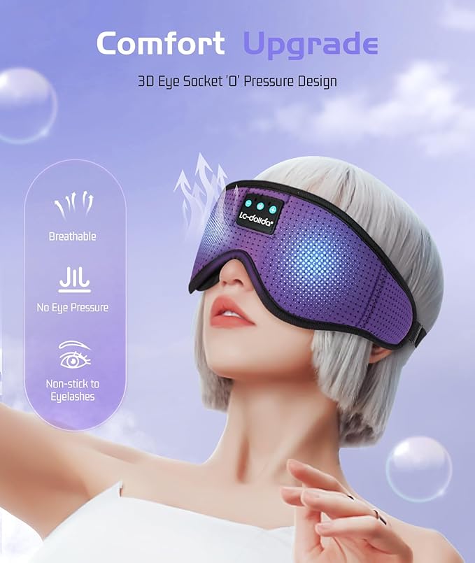 LC-dolida Sleep Headphones, Sleep Mask Bluetooth Wireless Music Eye Mask, Sleeping Headphones for Side Sleepers Sleep Mask with Bluetooth Headphones Ultra-Thin Stereo Speakers Perfect for Sleeping