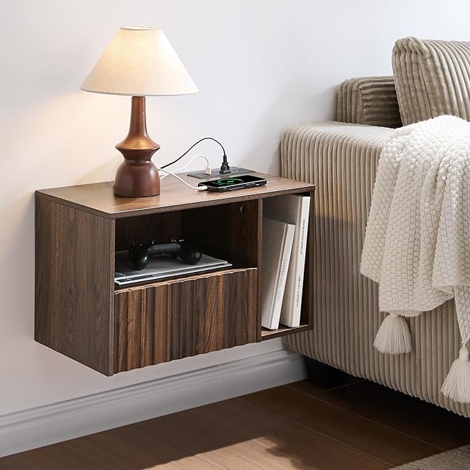 Modern Walnut Fluted Floating Nightstand with Charging Station, NightStand with Drawers, Bedside with USB Ports and Outlets, Bedroom Furniture (Right)