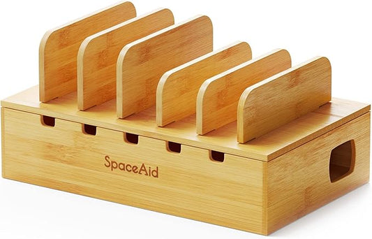 SpaceAid Bamboo Charging Station for Multiple Devices, Cell Phone Docking Stations for Multi Laptop, Tablets and iPads, Nightstand Bedside Desk Device Charger Organizer (Natural)