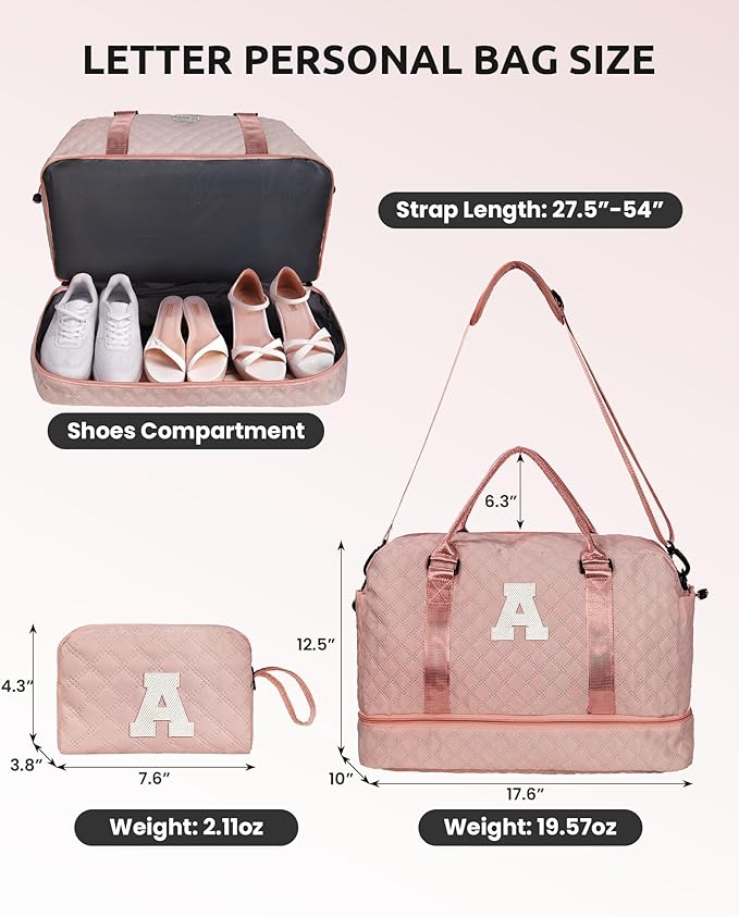 Gifts for Girls-Kids Duffle Bag with Shoe Compartment, Girls Weekender Bag, Monogram Overnight Bag, Letter Travel Bag with Makeup Bag，Personalized Gift Idea for Women Her (Letter G)