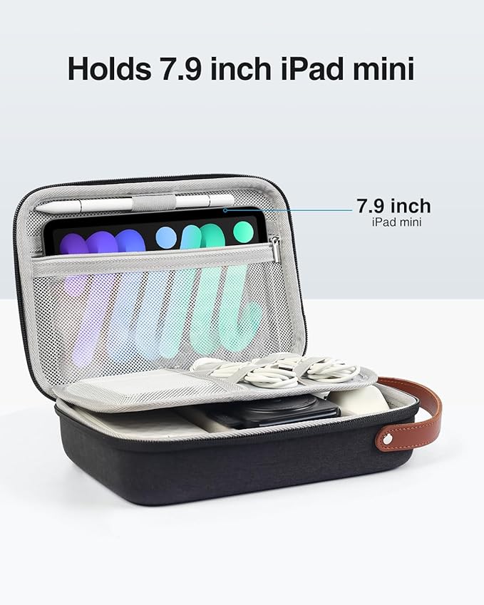 Luxtude Tech Organizer Travel Case, Portable Electronics Organizers, Hard Case for Electronics, Black Tech Bag, Charger Cases, Carrying Cases for iPad Mini (Up to 7.9’’), Mouse