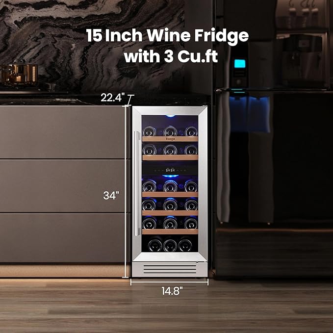 Yeego Wine Fridge Cooler - 15 Inch Dual Zone Wine Fridge Hold 28 Bottles, 40-65°F Wine Refrigerator Glass Door, Built in, Freestanding Under Counter Fridge for Beer Soda Drink Home Bar Office